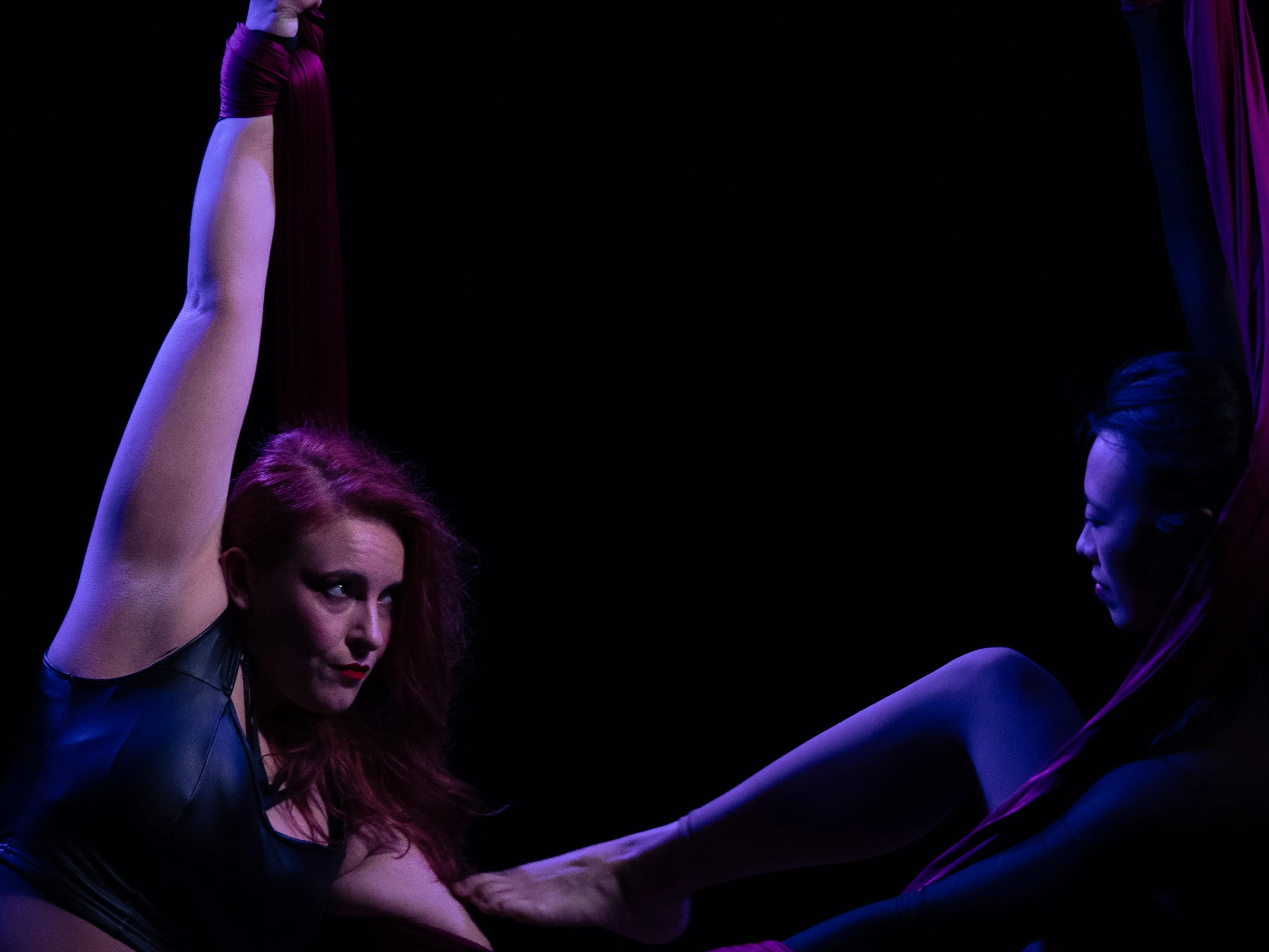 Aerial performers suspended on fabric during a live entertainment production photographed in the Washington, DC area.